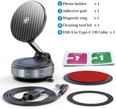 PlusAcc Vacuum Magnetic Phone Holder for Car – Suction Cup Phone Mount 360° Rotatable Foldable Portable Strong Magnet Stand for iPhone 16/15/14/13 in Gym, Mirror, Smooth Surface, All Vehicles – Enhanced Compatibility and Speed