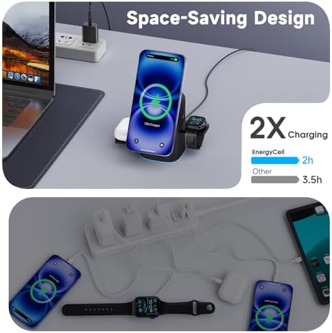 Revolutionary 3-in-1 Rotating Wireless Charger – Qi2 Certified 15 W Fast Charging Station for i Phone 16/15/14/13/12, Apple Watch & Air Pods – Enhanced Heat Management & Magnetic Alignment – Sleek Matte Design with Touch-Sensitive Stand and Ambient Night Light – Effortless Portrait/Landscape Mode for Seamless Use – Ultimate Charging Solution for All Your Apple Devices – Organized Desktop Power Hub with Smart IC Protection – Includes Power Adapter & USB-C Cable – Perfect for Home, Office, or Travel