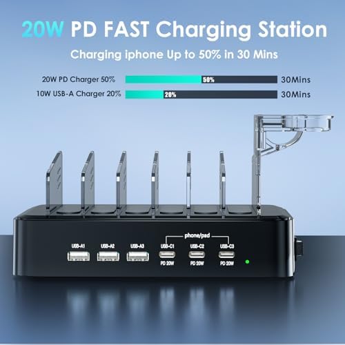 Ultimate 90 W Multi-Device Charging Station – 6-Port Organizer with 3 PD 20 W USB-C Fast Charge Capability for i Phones, i Pads, Tablets, Kindles, and More – Includes 6 Versatile Cables, Air Pods and Apple Watch Holders – Streamlined Design for Enhanced Efficiency and Space Management