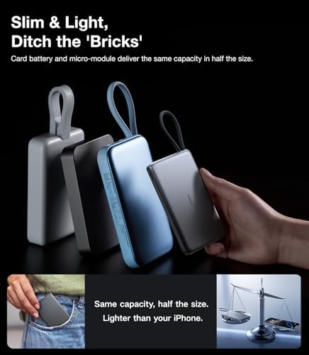 Ultra-Slim TORRAS 10,000 m Ah Power Bank with Built-in USB-C Cable – Lightweight Portable Charger for i Phone 16/15 & Samsung S24 Ultra, 22.5 W Fast Charging, Durable Design for Travel and Outdoor Use – Glacier Grey, Enhanced Safety & Dual Device Charging