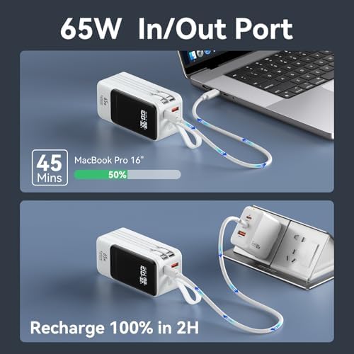 Ultimate Fast Charging Power Bank 18400 m Ah 65 W – Portable Laptop Charger with Built-in USB-C & Lightning Cables, LED Display, Ideal Travel Battery Pack for i Phone 16/15/14/13/12, Mac Book & Samsung – Unmatched Compatibility & Efficiency