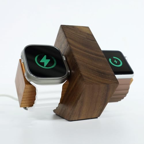 Transform Your Charging Setup with Our Elegant Black Walnut Dual i Watch Dock – Premium Stand for Apple Watch Ultra 2, SE, Series 10-1 (38-49 mm) – Chic Acrylic & Wood Fusion with Anti-Slip Base for Reliable Charging – Optimize Your Space with a Dual Device Charging Station Tailored for Apple Watch Aficionados and Tech Lovers.