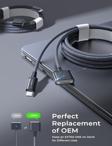 LISEN 6.6 ft USB-C to Mag-Safe 3 Charging Cable for Mac Book Air & Pro (2022-2024) – Premium Rapid Charging Solution, Durable Design with Elegant Midnight Finish, Ideal for Seamless Power Delivery and Enhanced Device Safety