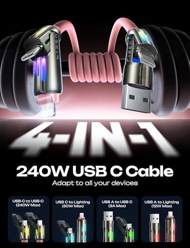 LISEN 240 W 4-in-1 USB C to Lightning Charging Cable – 10 FT Heavy-Duty Multi-Device Charger with LED Indicator for i Phone 16/15/14 Pro, Mac Book, i Pad, Samsung S25 & Nintendo Switch – Ultimate Flexibility and Fast Power Delivery