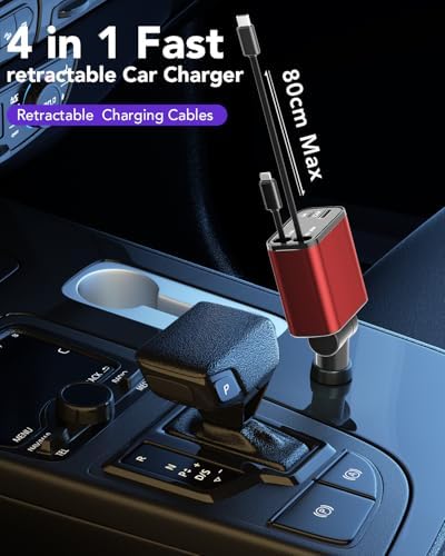 2025 Ultra-Compact 4-in-1 Retractable Car Charger – 69 W Fast Charging Adapter for i Phone 16, Galaxy and More – Innovative Space-Saving Design with Multiple Ports for Simultaneous Device Powering – Essential Car Accessory for Daily Commutes and Road Trips
