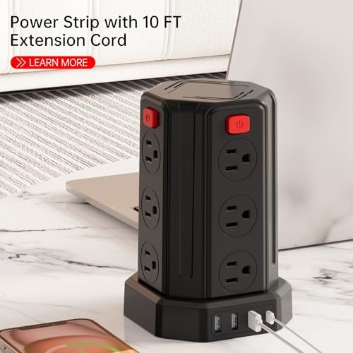SMALLRT Power Tower Surge Protector – 10 Ft Extension Cord with 12 AC Outlets & 4 USB Ports (1 USB-C) – Ultimate Charging Station for Home & Office – Enhanced Device Compatibility & Safety