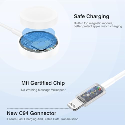 Ultimate 3-in-1 Magnetic Charger for Apple Watch – Fast USB-C Charging Cable for i Phone & i Pad Compatibility – 6 FT Versatile Length for All Apple Watch Series – Durable Design for Effortless Home and Travel Charging