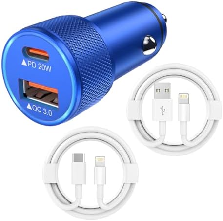 i Phone 14 Dual Port Fast USB C Car Charger | Apple MFi Certified 38 W Quick Charge Adapter with 2 Lightning Cables | Sleek Metal Design for Optimal Durability and Compatibility with i Phone 14, 13 Pro Max, Mini, 12, 11 & Air Pods | Reliable On-the-Go Power Solution for Busy Lifestyles