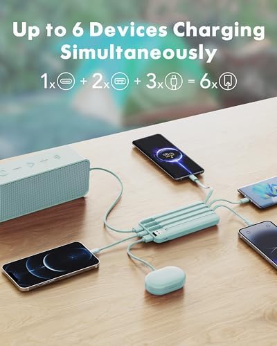 Sleek 10,000 m Ah Multi-Device Portable Charger with Built-In Cables – High-Speed 3 A Power Bank for i Phone, Samsung, Pixel, LG, Moto, i Pad – Ultimate Travel Essential with 6 Outputs for Effortless Charging on the Go