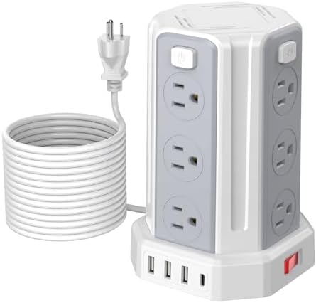 SMALLRT Power Tower Surge Protector – 10 Ft Extension Cord with 12 AC Outlets & 4 USB Ports (1 USB-C) – Ultimate Charging Station for Home & Office – Enhanced Device Compatibility & Safety