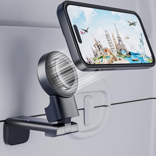 MiiKARE Airplane Travel Essentials Magnetic Phone Holder, Universal Handsfree Phone Mount for Flying with 360 Degree Rotation, Travel Must Haves Phone Stand for Desk, Tray Table, Black – Enhanced Compatibility and Speed