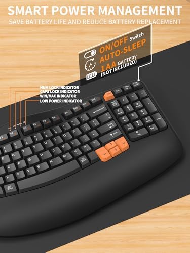 Revolutionize Your Workspace with the Ergonomic Wireless Keyboard – Comfort-Driven Design with Wave Keys & Cushioned Wrist Rest for Effortless Typing, 2.4 GHz Connectivity for Windows & Mac OS, Stylish Black & Orange Finish – Spill-Resistant & Built for Longevity