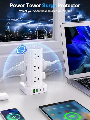 Ultimate Power Strip Tower with 15 W Wireless Charger and 10 FT Extension Cord – 12 AC Outlets & 4 USB Ports (2 USB-C) – Space-Saving Surge Protector for Home, Office, and Dorm Use – Advanced Compatibility for All Devices