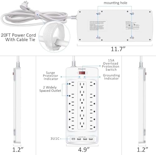 Maximize Your Power Supply with the 18-Outlet Surge Protector Power Strip – 6 Feet Heavy-Duty Extension Cord Featuring 4 Fast USB Ports, 2100 Joules of Surge Protection, and ETL Certification for Ultimate Safety and Compatibility