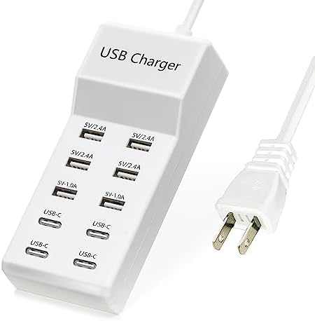50 W 10-Port USB Charging Hub – High-Speed Multi-Device Power Station with 6 USB-A & 4 USB-C Ports – Ideal for i Phone 15/14/13/12/11, Tablets, and More – Sleek White Design with Enhanced Safety Features for Efficient Home and Office Charging Solutions