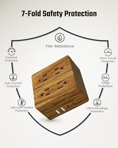 SUPERDANNY Portable USB Power Strip Surge Protector – Premium Desktop Extension Cord with 4 Spacious Outlets & 4 Advanced Smart USB Charging Ports for Home, Office, Hotel, Dorm, and RV Use – Elegant Faux Walnut Finish for Enhanced Aesthetics and Device Safety