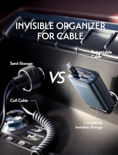 LISEN 57 W USB-C Retractable Car Charger – Ultra-Compact Fast Charging Solution for i Phone 16/15 Pro Max & Samsung Galaxy S25/24 – 75% Space-Saving Design with Enhanced Compatibility for All Android Devices – Tangle-Free Convenience for On-the-Go Power