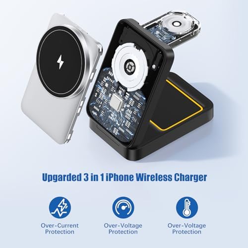 Versatile 3-in-1 Foldable Wireless Charging Station for Apple Devices – Magnetic Mag Safe Stand for i Phone 16/15/14/13/12/11 Pro Max, Apple Watch Series, and Air Pods – Portable Fast Travel Charger with Enhanced Stability and Safety Features