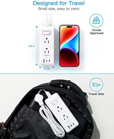 HANYCONY Travel Power Strip with 6 Outlets & 3 USB Ports – 5 ft Flat Plug Extension Cord for Cruise Ships & College Dorms – Space-Saving Wall Mount Design for Ultimate Convenience & Fast Charging Efficiency