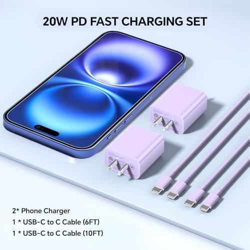 Lightning-Fast 20 W USB-C Wall Charger & 10 FT Cable for i Phone 15/16/Plus/Pro Max – Sleek Pink-Blue Power Adapter for Ultimate Charging Performance and Versatile Use