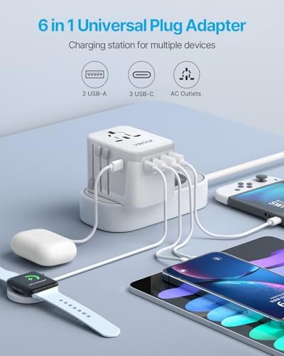 VINTAR Universal Travel Adapter: All-in-One Power Converter with 6 A Output, 3 USB-C and 2 USB Ports for Fast Global Charging Across Europe, UK, USA, and Australia – Essential Travel Accessory for Effortless Device Connectivity and Safety Features