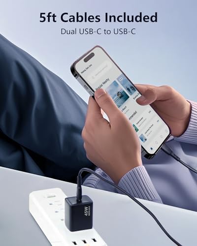 DERLULU 45 W USB-C Charger Duo: Super Fast Charging for Galaxy S25/S24/S23 & i Phone 16/15 – Includes 5 ft Cable, Ideal for Quick Device Power-Up, Enhanced Durability & Safety Features, Perfect for Home or Travel