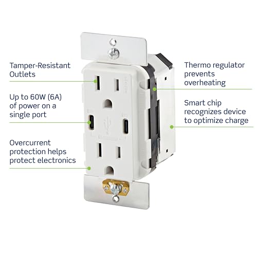 Leviton 60 W Dual USB Type A/Type-C In-Wall Charger – Fast, Efficient Power Delivery Solution for Smartphones, Tablets & Laptops – Tamper-Resistant Outlet in Light Almond for Safe, Clutter-Free Charging Experience – Perfect for Home and Office Use