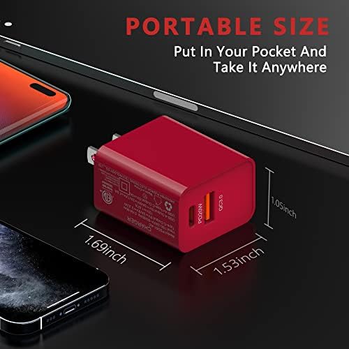 20 W Fast Charging USB C Wall Charger Duo – Dual Port USB-C & USB-A Power Adapter with 2 ft Cable for i Phone 14/13/12/11 Pro Max, Google Pixel, Galaxy & More – Sleek Red Design for Enhanced Compatibility and Speed