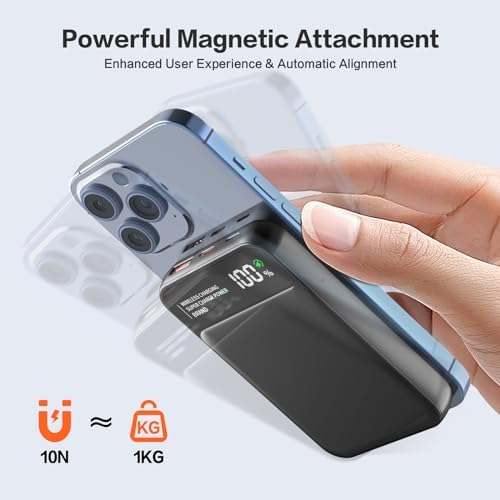 Ultra-Fast 10,000 m Ah Magnetic Power Bank with PD22.5 W Technology – Wireless Charger for i Phone 15/14/13 & Apple Watch Ultra – Ultimate Portable Battery Pack for On-the-Go Charging, Sleek Design & Enhanced Compatibility