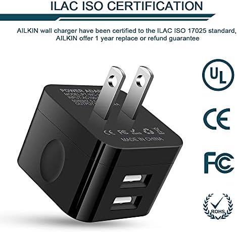 AILKIN Dual Port USB Wall Charger Pack – 2.4 A Fast Charging Power Cube for i Phone 15/14/13/12 Pro Max & Samsung Devices – Compact Travel Adapter for Simultaneous Device Charging – Sleek White Design for Home & Office Use