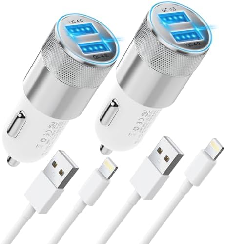 Apple MFi Certified Dual USB A Fast Car Charger with 2 x 3 Ft Lightning Cables – High-Speed Charging for i Phone 14/13/12/11/Pro Max/XS/XR/X/8 Plus/7/SE and i Pad – Ultimate On-the-Go Power Solution for Active Lifestyles