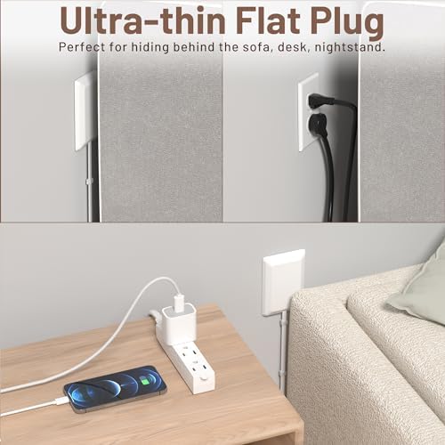 Ultra-Thin 3 FT Flat Plug Extension Cord with Baby-Proof Outlet Covers – Versatile 3 Outlet Power Strip for Safe Home Use, ETL Listed, Compact Cord Concealer Kit, 13 A 125 V 1625 W – Perfect for Kitchens and Tight Spaces, White Finish for Seamless Integration