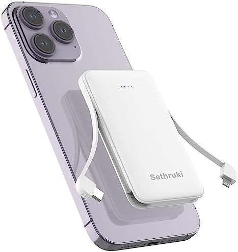 Ultra-Slim 6000 m Ah Portable Charger with Built-in Cables – Lightweight Fast Charging Power Bank for i Phone, Samsung, and Android Devices – Perfect Travel Companion for On-the-Go Power Solutions