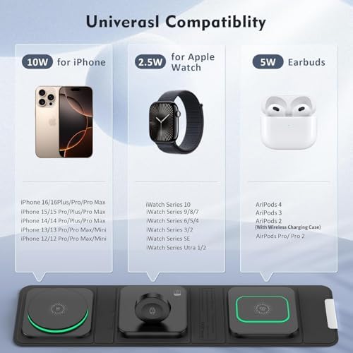 3-in-1 Foldable Magnetic Wireless Charger for i Phone – Ultimate Mag-Safe Travel Charging Pad for i Phone 16, 15, 14, 13, 12 Pro Max Plus, Apple Watch & Air Pods – Enhanced Speed & Compatibility for On-the-Go Charging