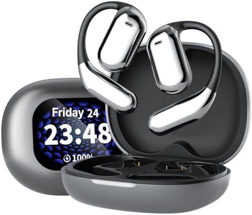 Open-Ear Bluetooth 5.4 Earbuds with Touch Control – IPX5 Waterproof Wireless Headphones with LCD Display for Enhanced Sports Performance and Ambient Sound Awareness – Perfect Fit for Active Lifestyles and Effortless Connectivity in Black