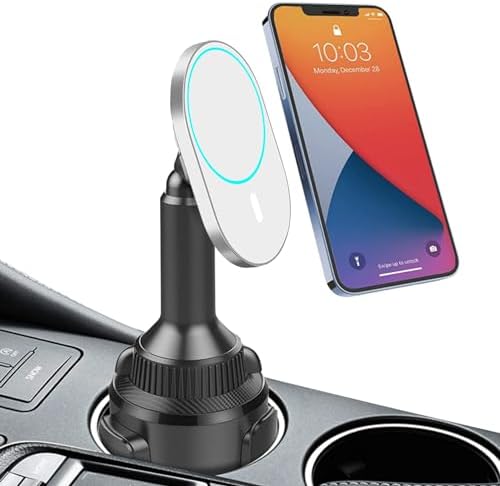 Aporia Mag Safe Car Cup Holder Charger – 15 W Fast Wireless Charging Mount with Adjustable Arm & 360° Rotation for i Phone 12+ | Ultimate Driving Accessory for Effortless Connectivity and Enhanced Convenience on the Road