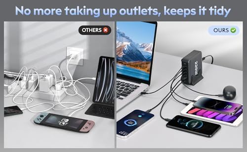 High-Power 220 W USB C Charging Station with Ga N III Technology – Multi-Port Hub Featuring 4 USB-A & 2 USB-C Ports, QC4.0 Fast Charge for Mac Book Pro & Devices – Sleek, Compact Design for Home or Office Use