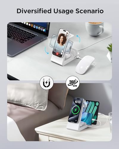 5-in-1 Wireless Charging Station for Apple Devices – Sleek Mag-Safe Dock for i Phone 16, 15, 14, 13, 12 Pro Max, Apple Watch, and Air Pods – Fast 15 W Charging, Magnetic Alignment, Compact White Design – Ultimate Multi-Device Charger with Overcharge Protection and Temperature Control