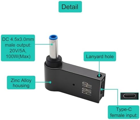 High-Performance Type-C to DC 4.5 x 3.0 mm Laptop Charging Adapter – 100 W Power Delivery for HP Devices – Durable Zinc Alloy Construction with 90° Angle for Optimal Space Efficiency – Rapid Charge Compatibility from 18 W to 100 W – Lightweight, Portable Design Perfect for Professionals On-the-Go – Secure and Stable Connection for Safe Usage – Ideal Accessory for Tech Enthusiasts and Mobile Power Users