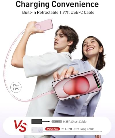 Ultra-Slim 10,000 m Ah Power Bank with 30 W PD Fast Charging & Integrated Retractable USB-C Cable – Perfect for i Phone 16/15, Samsung Galaxy 25/24, Google Pixel, and Mac Book Air – Effortless Portability Meets Stylish Efficiency in Sleek White Design for On-the-Go Charging