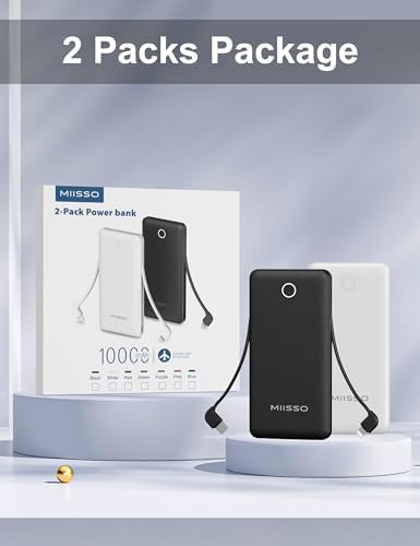 miisso 10000 m Ah Ultra-Slim Portable Power Bank with Integrated Charging Cables – Multi-Device USB-C Travel Charger for i Phone & Samsung – Compact, Lightweight Battery Pack Designed for Maximum Portability and Efficiency