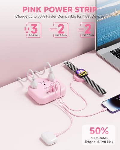 Stylish Brown Travel Power Strip with 5 Ft Cord – Compact Extension Solution Featuring 3 AC Outlets & 4 USB Ports (2 USB-C) for Rapid Charging – Ideal Desk Accessory for Tan Wood and Walnut Grain Décor – Maximize Functionality & Aesthetics in Any Space