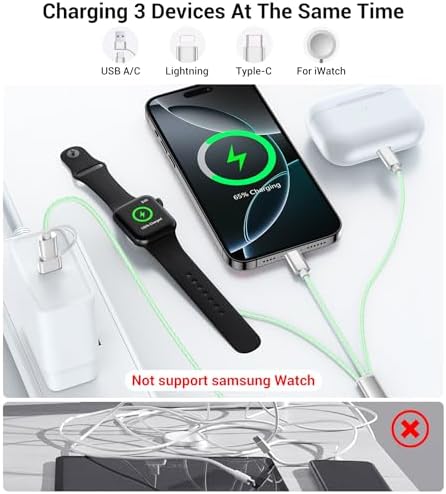 Temdan 3-in-2 USB C Charging Cable: Versatile Multi-Device Charger for Apple Watch Ultra, SE & i Phone 12-16 – Rapid Charge, Compact Travel Essential – Stylish Pink Smartwatch Accessory for On-the-Go Power Solutions