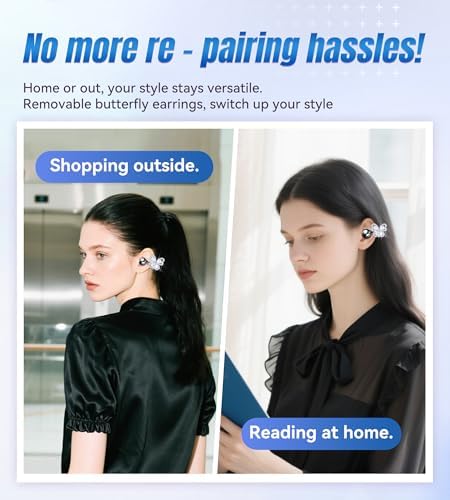 Stylish King Lucky Bluetooth 5.4 Clip-On Earbuds with Chic Detachable Butterfly Earrings – Waterproof Open Ear Design for Ultimate Comfort, 50-Hour Playtime Perfect for Festivals and Parties, Luxurious Rose Gold Gift for Discerning Women