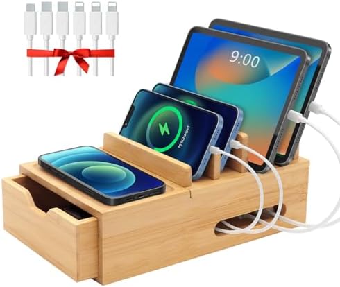 Eco-Friendly Bamboo Charging Station for Multiple Devices – Stylish Desk Organizer with Drawer & Tray, Includes 6 Cables for i Phone, Cell Phones, Tablets – Quick Charging Docking Station for a Tidy Workspace