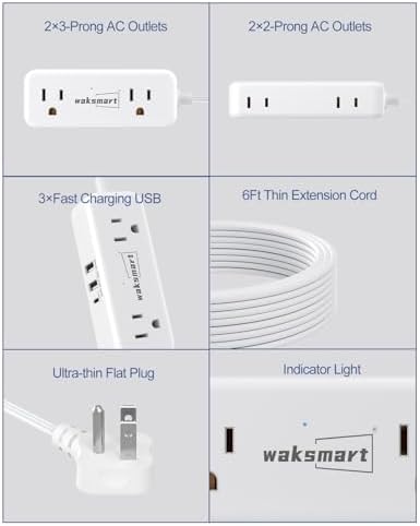 Sleek Flat Plug Power Strip with 5 Ft Extension Cord – 4 AC Outlets & 3 Fast-Charging USB Ports (5 V/3.4 A) – Compact Travel-Friendly Power Solution for College Dorms, Home Offices, and On-the-Go Charging – Maximize Space and Connectivity