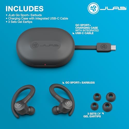 JLab Go Sport+ Wireless Workout Earbuds – Unrivaled 35+ Hour Bluetooth Battery Life, C3 Clear Calling Technology for Distinct Conversations, and Secure Earhook Design for Unyielding Stability During Workouts – Elevate Your Sound Experience with 3 Adjustable EQ Settings and Broad Device Compatibility in Sleek Graphite Finish
