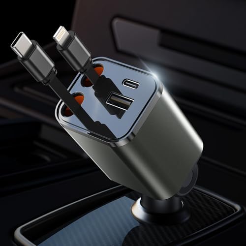 2025 Compact 4-in-1 Retractable Car Phone Charger – 87 W PD3.0 & QC4.0 Fast Charging with Dual USB-C & Lightning Cords – Ultimate Compatibility for i Phone 13/14/15/16, i Pad, Samsung & Android – Space-Saving Design for Seamless Travel Charging