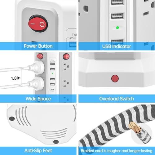 Revolutionize Your Charging Experience: 10 FT Surge Protector Power Strip Tower with 16 Outlets & 4 USB Ports – Efficient Desk Charging Station for Home, Office, or Dorm Room – Ultimate Space-Saving Solution with Robust 1625 W Power Output and Enhanced Safety Features
