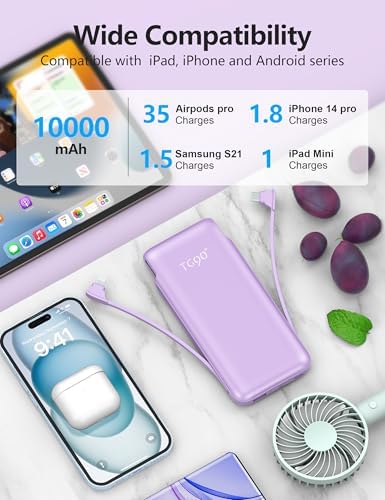 Dual 10000 m Ah Portable Power Bank Set with Built-In Cables and Fast Charging – Travel-Ready USB-C Charger for i Phone & Android Devices in Sleek White & Purple Design – Ultimate Compatibility for On-the-Go Power Solutions